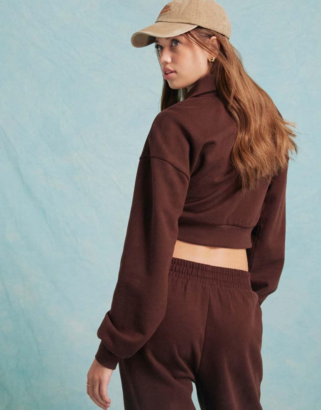 Miss Selfridge half zip crop sweatshirt in chocolate - part of a set Product Image