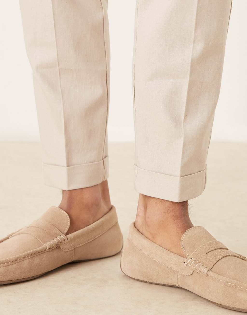 ASOS DESIGN smart tapered fit linen blend pants in stone with turnups Product Image