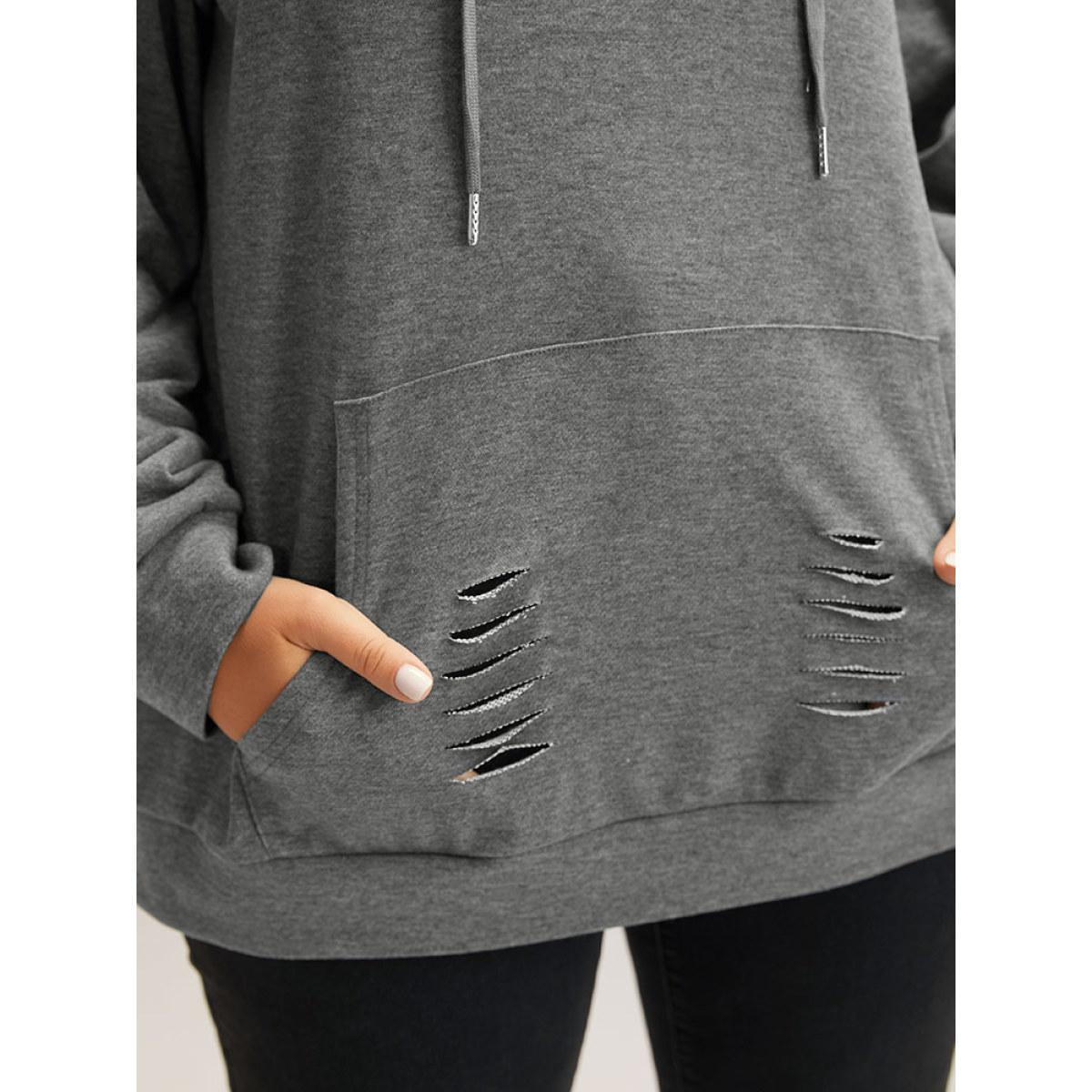 Plus Size Plain Distressed Hooded Drawstring Sweatshirt Women DimGray Casual Elastic cuffs Hooded Dailywear Sweatshirts BloomChic 30/6X Product Image