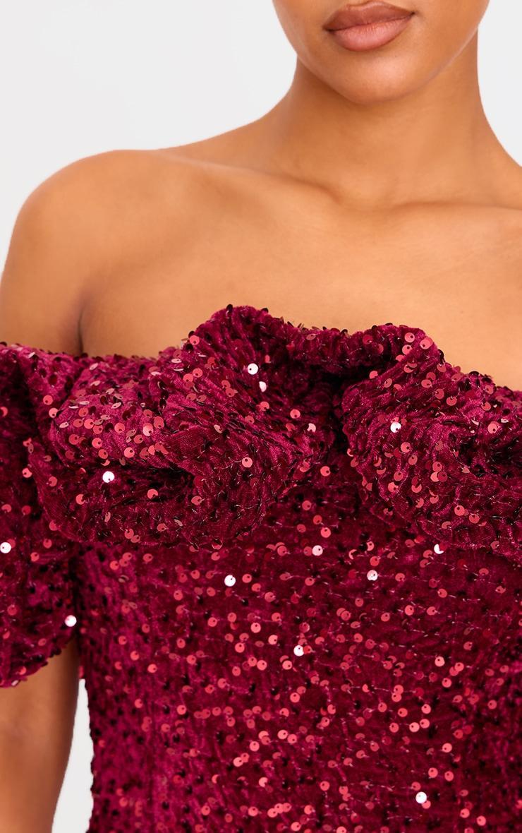 Tall Burgundy Velvet Sequin Extreme Ruffle Mini Dress Product Image