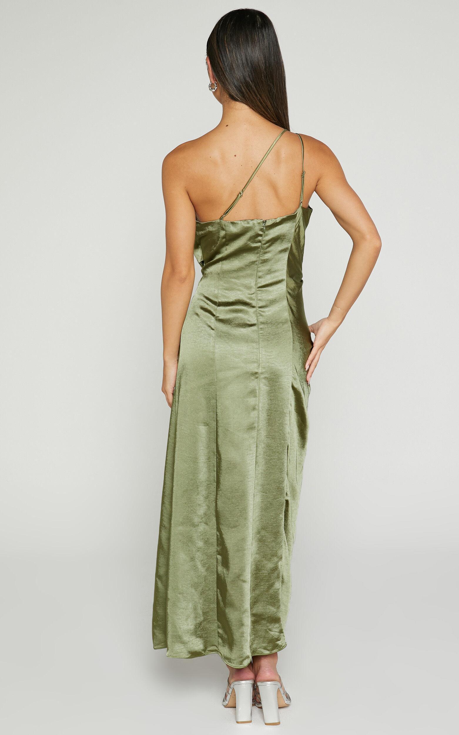 Estelle Midi Dress - One Shoulder Thigh Split Dress in Olive Product Image