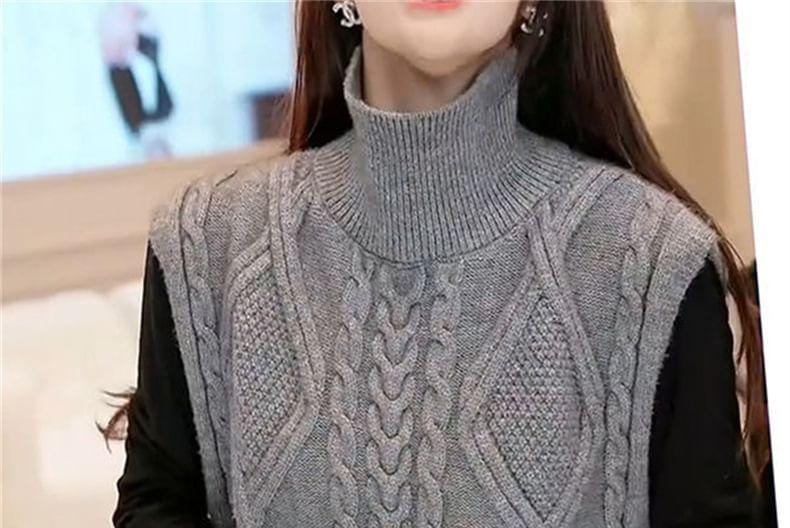 High Neck Plain Cable Knit Sweater Vest Product Image