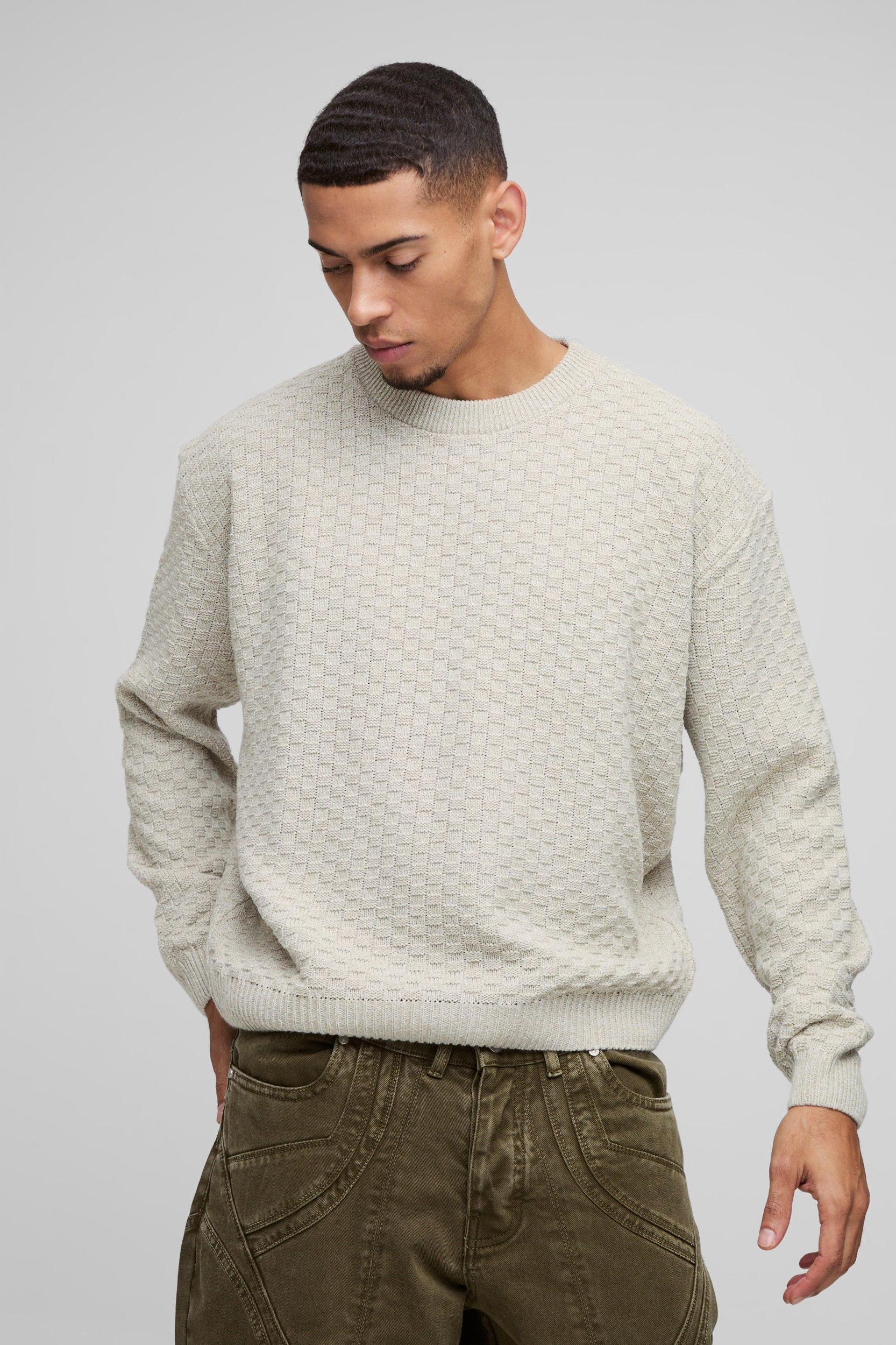 Oversized Boxy Basket Knitted Crew Sweater | boohooMAN USA Product Image