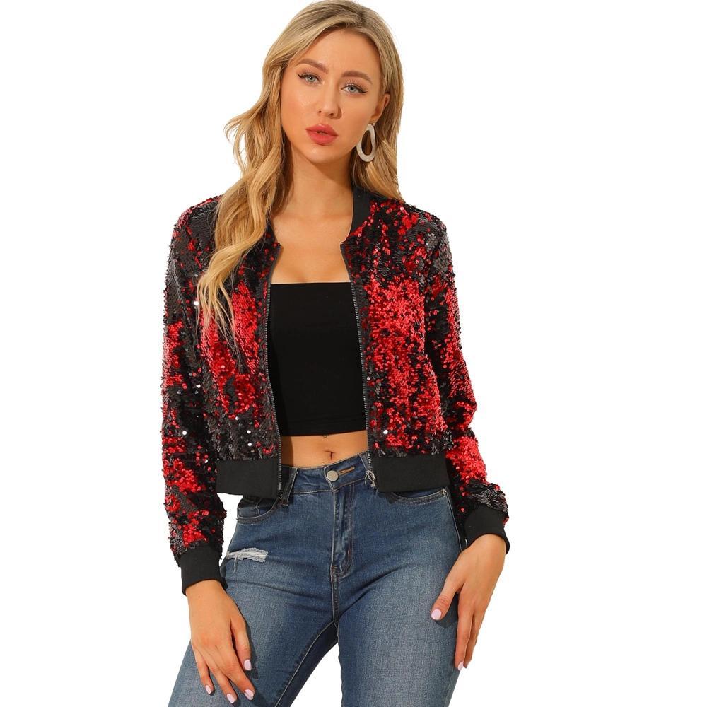 INSPIRE CHIC Women's Sequin Long Sleeve Glitter Shiny Party Bomber Jacket Product Image