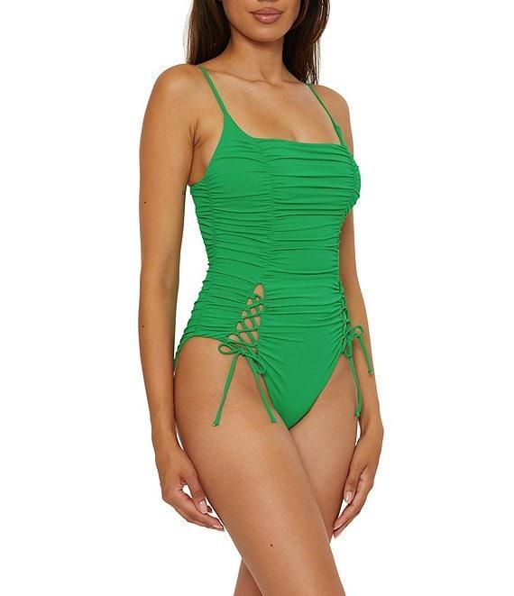 Becca By Rebecca Virtue Color Code Square Neck Lace-Up Shirred One Piece Swimsuit Product Image