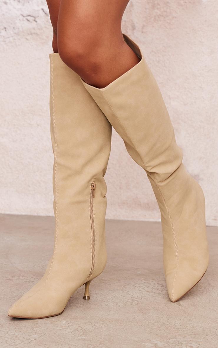 Camel Faux Nubuck Point Toe Low Heel Knee High Boots Product Image