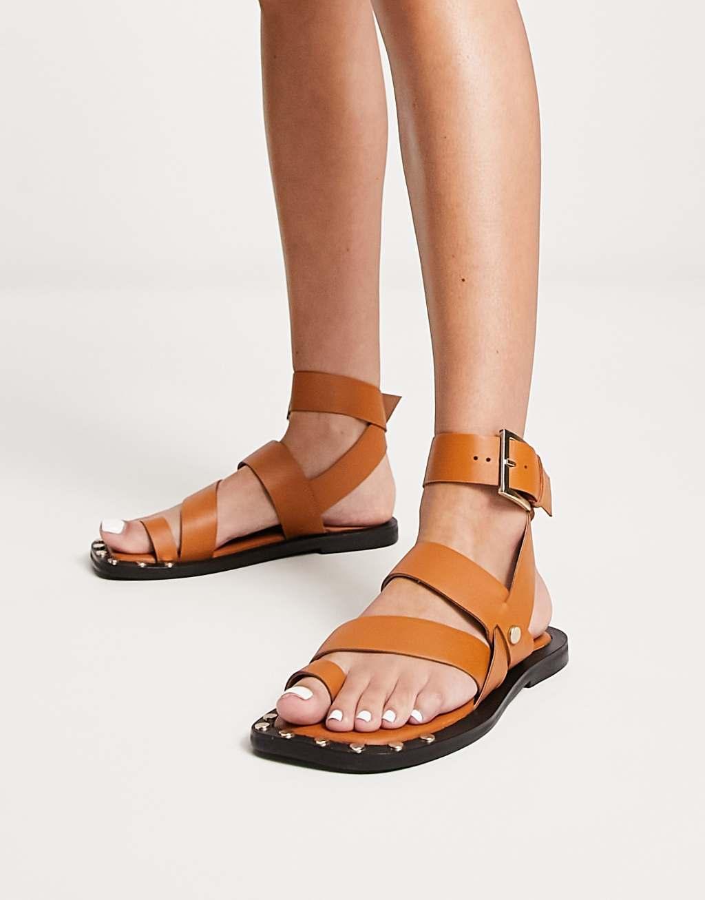 ASOS DESIGN Foxy leather studded toe loop flat sandal Product Image