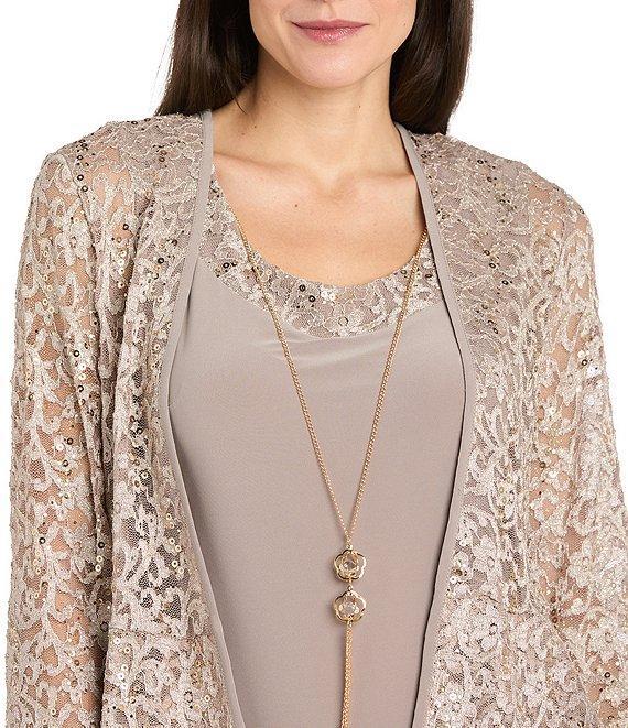 R & M Richards Crew Neck 3/4 Sleeve Embroidered Sequin 2-Piece Jacket Dress Product Image