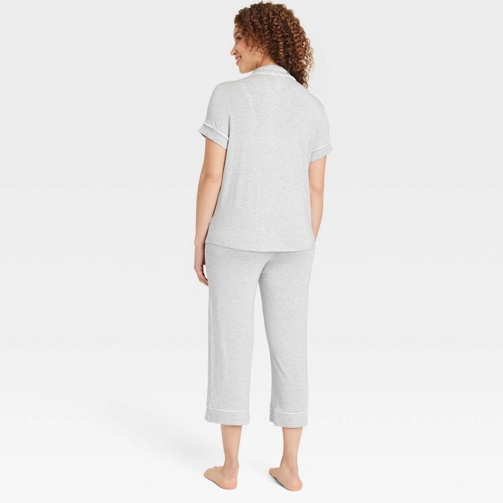 Womens Cloud Knit Short Sleeve Notch Collar Top and Cropped Pants Pajama Set - Auden Heathered XS Product Image