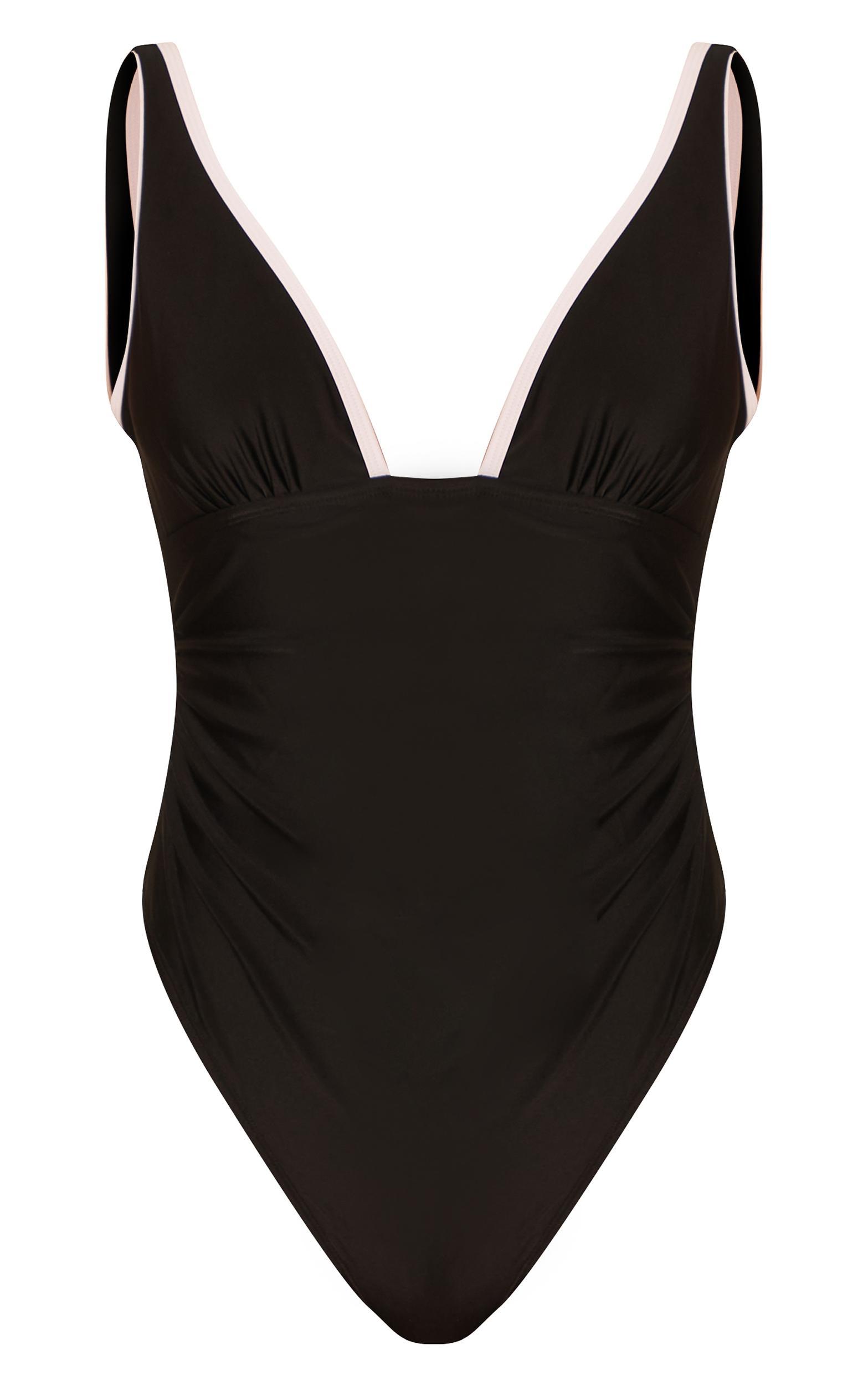 Black Contrast Binding Plunge Ruched Swimsuit Product Image