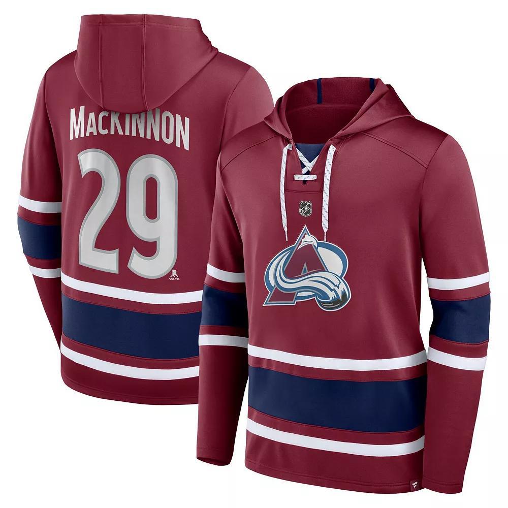 Men's Fanatics Branded Nathan MacKinnon Burgundy Colorado Avalanche Name & Number Lace-Up Pullover Hoodie,  Product Image
