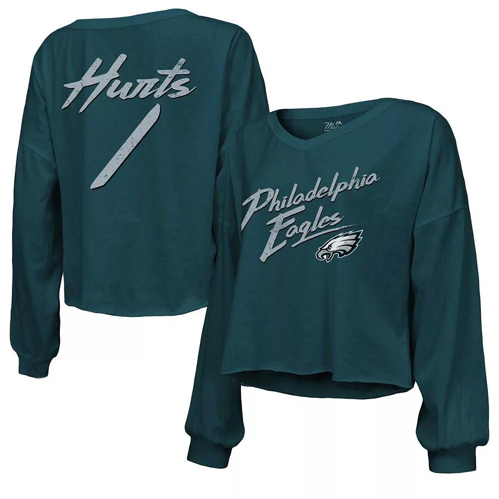 Women's Majestic Threads Jalen Hurts Midnight Green Philadelphia Eagles Name & Number Off-Shoulder Script Cropped Long Sleeve V-Neck T-Shirt,  Product Image