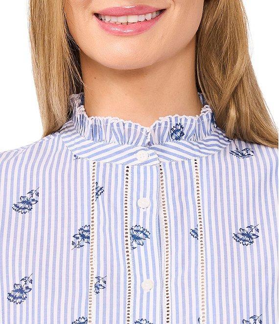 CeCe Woven Stripe Print Ruffled Collar Long Sleeve Button Down Blouse Product Image
