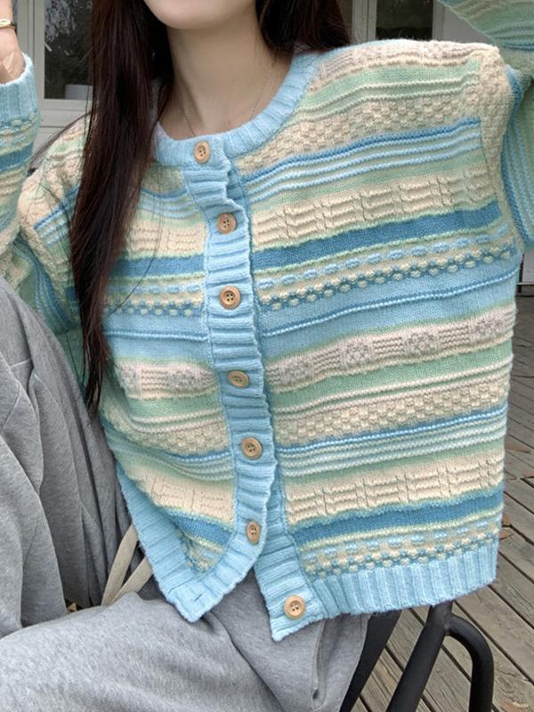 Textured Contrast Color Splice Knit Cardigan Product Image
