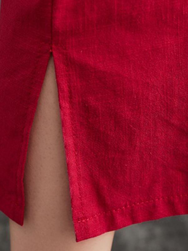 A-Line Loose Chinese Frog Buttons Pockets Solid Color Split-Side V-Neck Midi Dresses Product Image