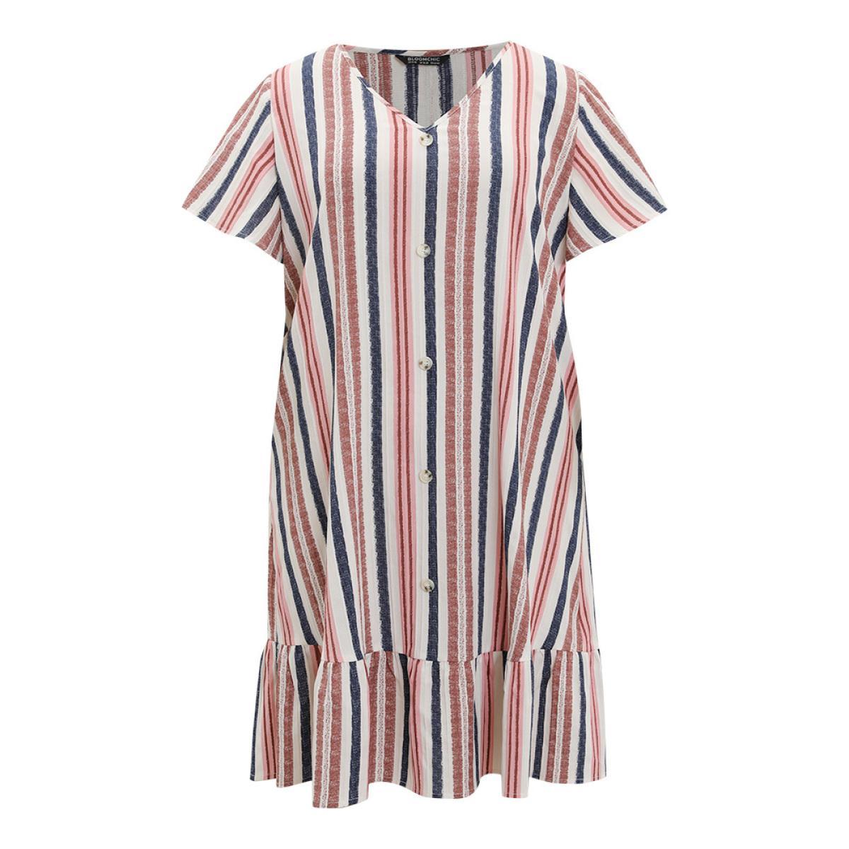 Plus Size Striped Button Detail Pocket Ruffle Hem Dress Multicolor Women Vacation Gathered V-neck Short sleeve Curvy Knee Dress BloomChic 10/M Product Image
