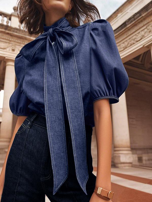 Long Sleeves Puff Sleeves Bow-Embellished Buttoned Split-Joint Tied High Neck Blouses&Shirts Tops Product Image