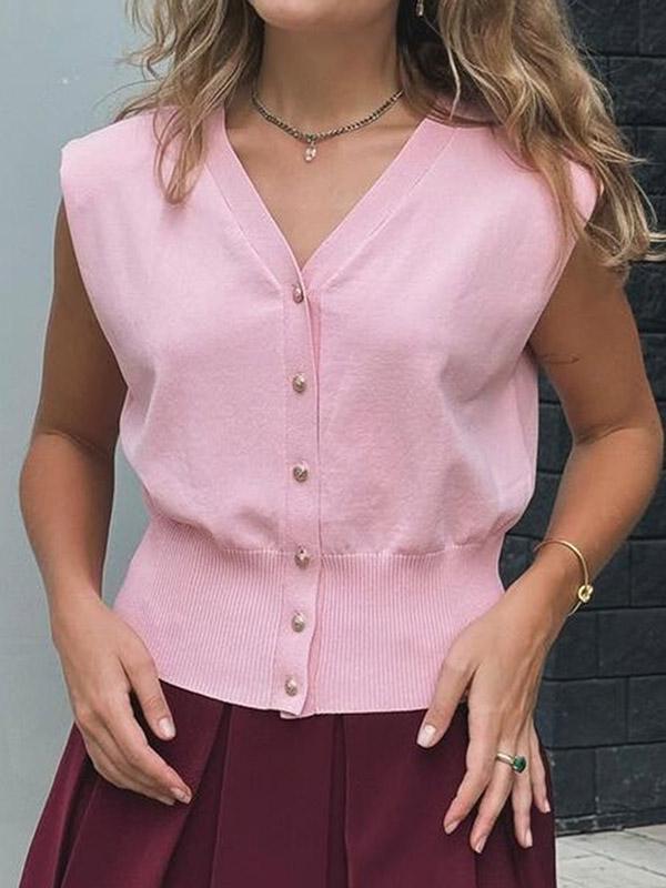 Loose Sleeveless Buttoned Solid Color V-Neck Vest Top Product Image