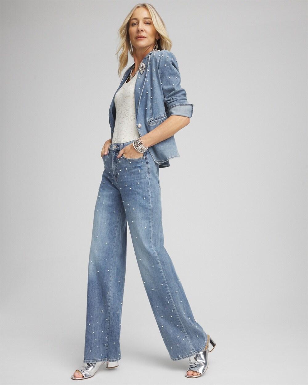 Pearl Embellished High Rise Wide Leg Jeans Product Image