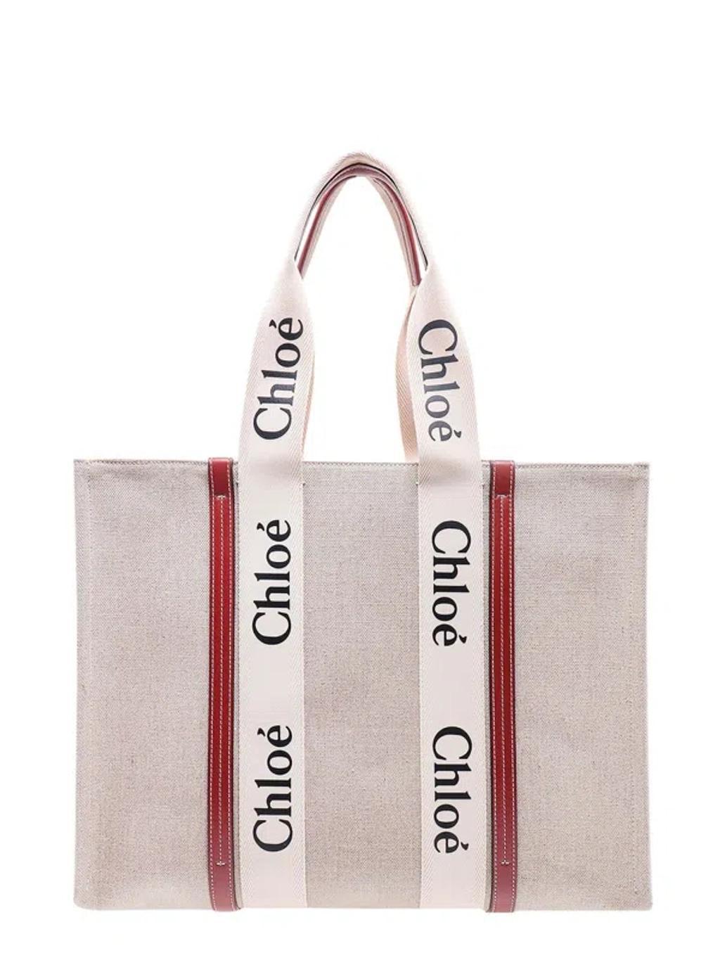 CHLOÉ Large Woody Cotton Tote Bag In Beige Product Image