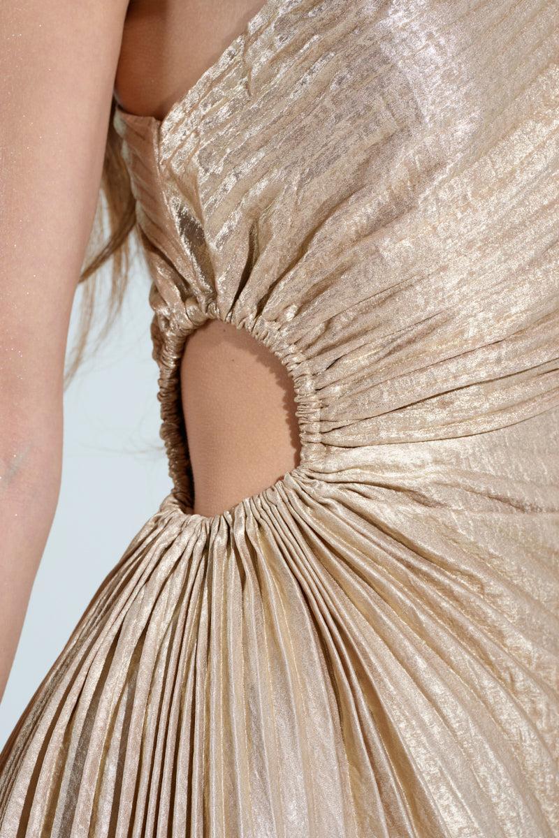 JULIETTE METALLIC PLEATED MIDI DRESS Product Image