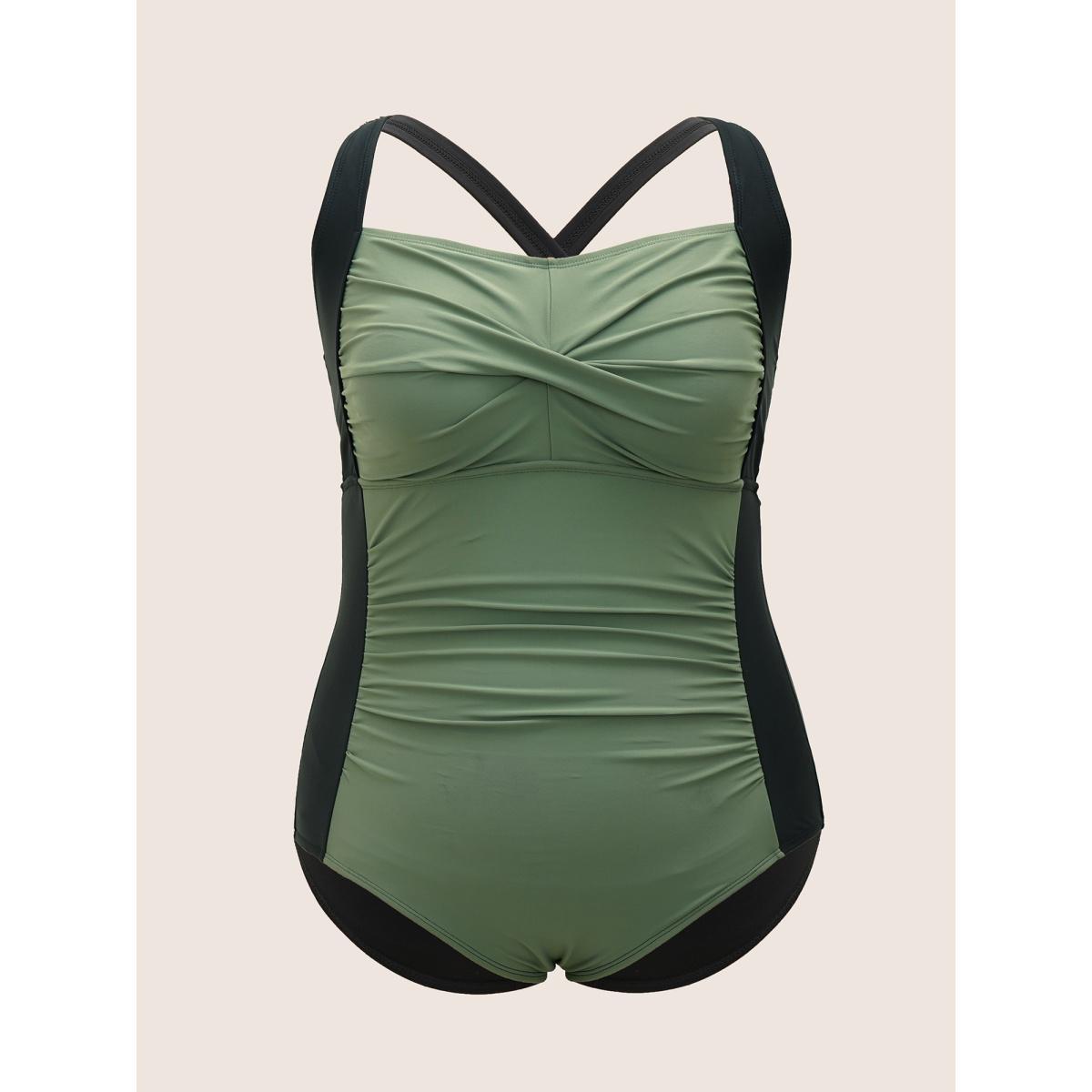 Plus Size Contrast Patchwork Twist Front One Piece Swimsuit Women's Swimwear ArmyGreen Beach Twist Curve Bathing Suits High stretch One Pieces BloomChic 12/L Product Image