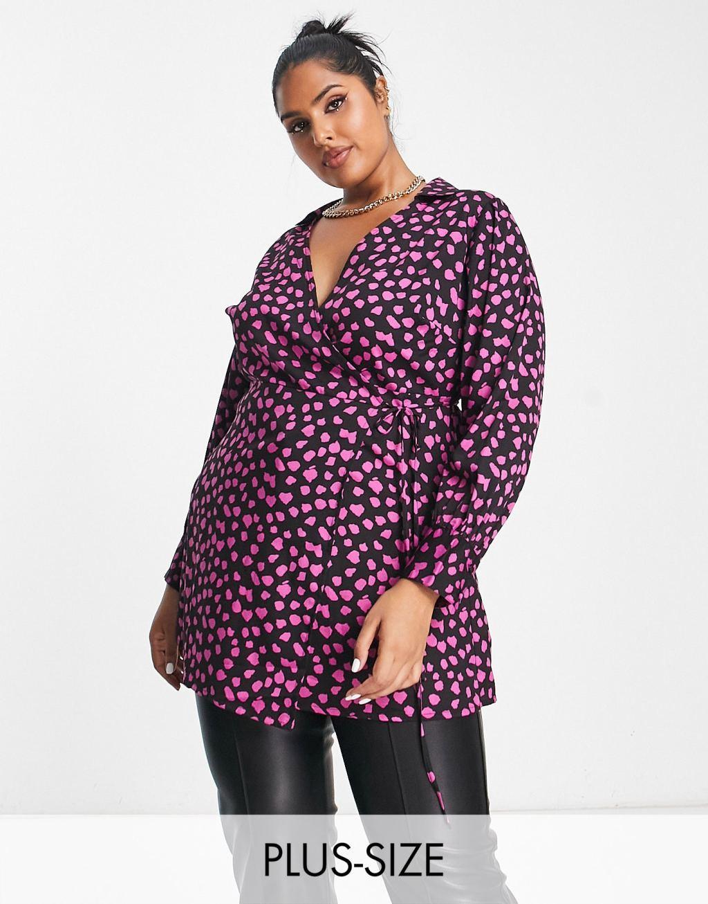 Yours collared wrap top in black polka dot Product Image