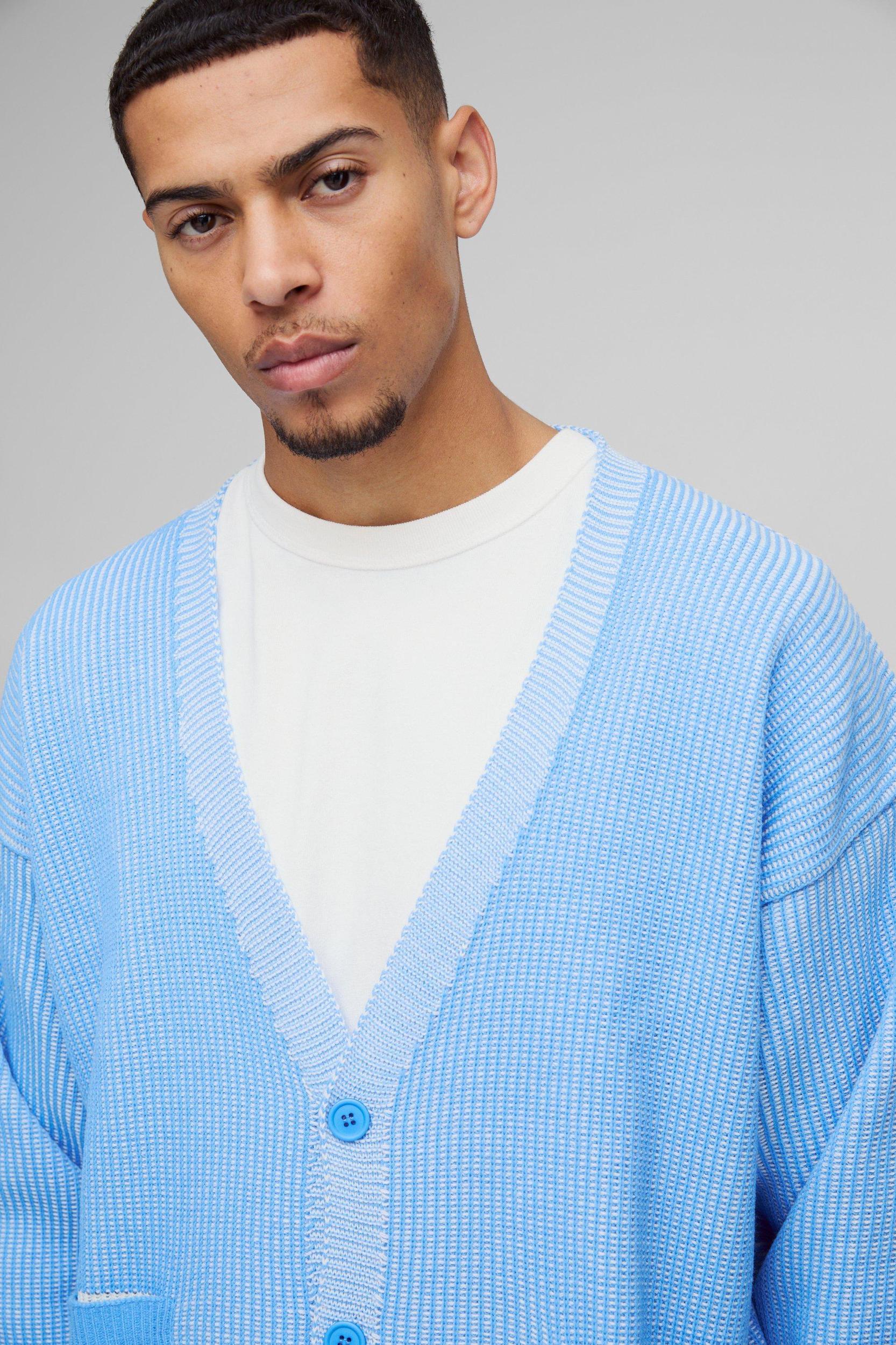 Oversized Boxy Dropped Shoulder Plated Ribbed Knitted Cardigan | boohooMAN USA Product Image