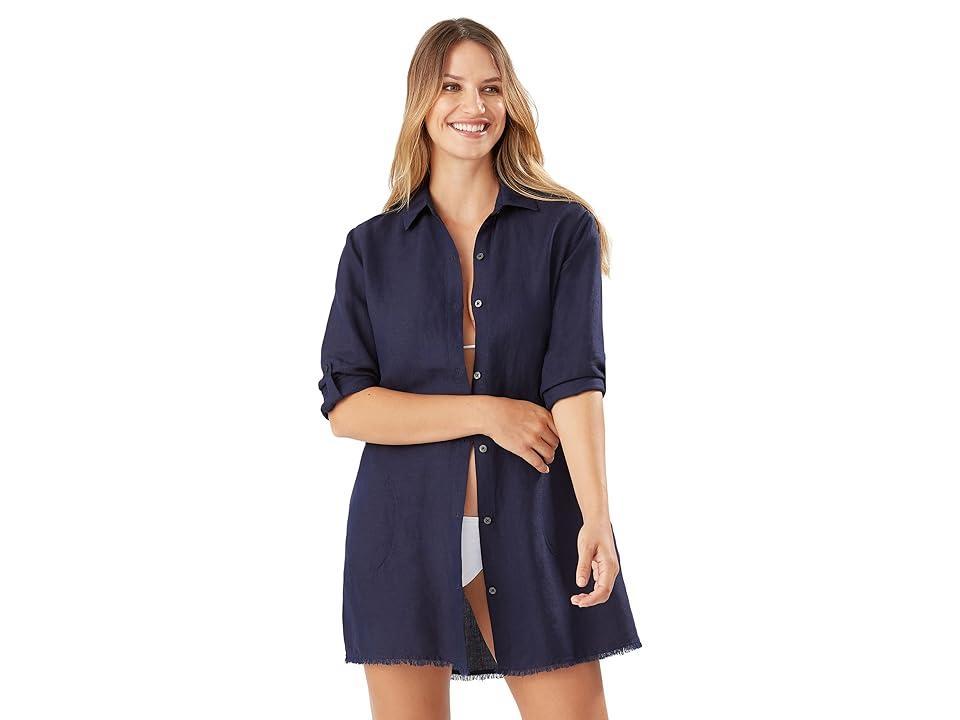 Tommy Bahama St. Lucia Point Collar Short Roll-Tab Sleeve Fray Hem Button Front Boyfriend Swim Cover Up Product Image