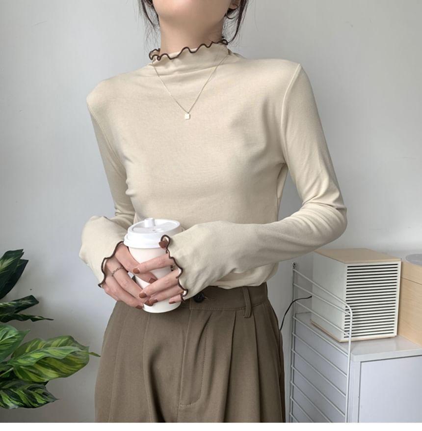 High Neck Long Sleeve Plain Ruffle Hem Tee Product Image