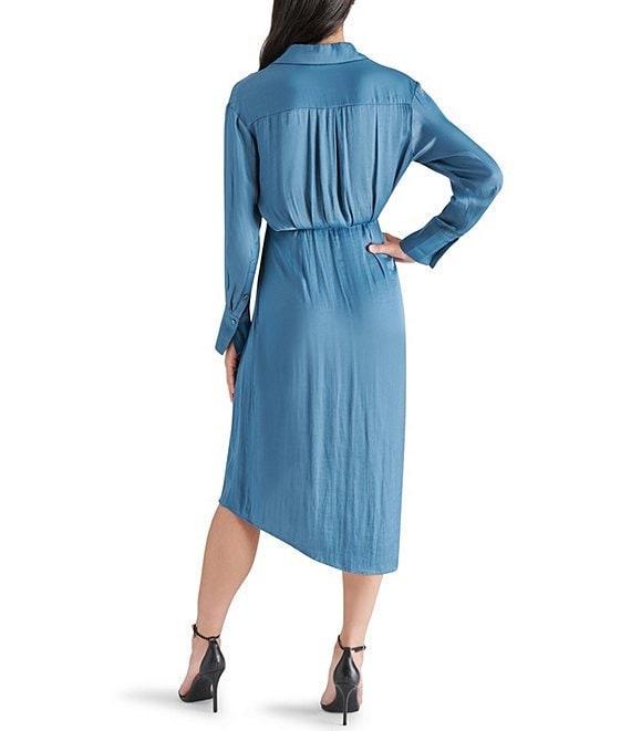 Steve Madden Martina Washed Satin Long Sleeve Collared V Neck Asymmetrical Hem Shirt Dress Product Image