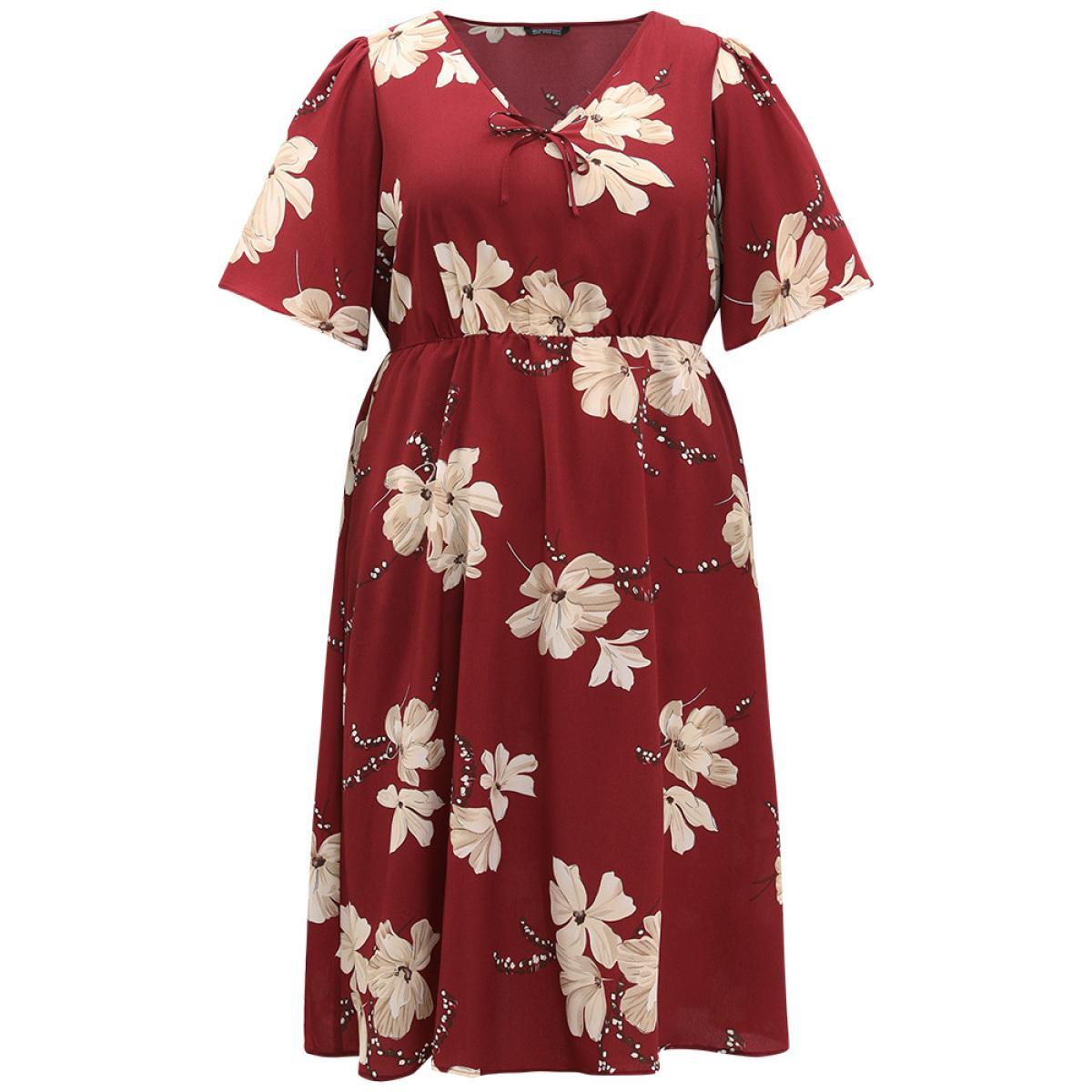 Plus Size Floral Print Knot Neck Pocket Ruffle Dress Burgundy Women Elegant Cross straps Tie Neck Short sleeve Curvy Midi Dress BloomChic 26/4X Product Image
