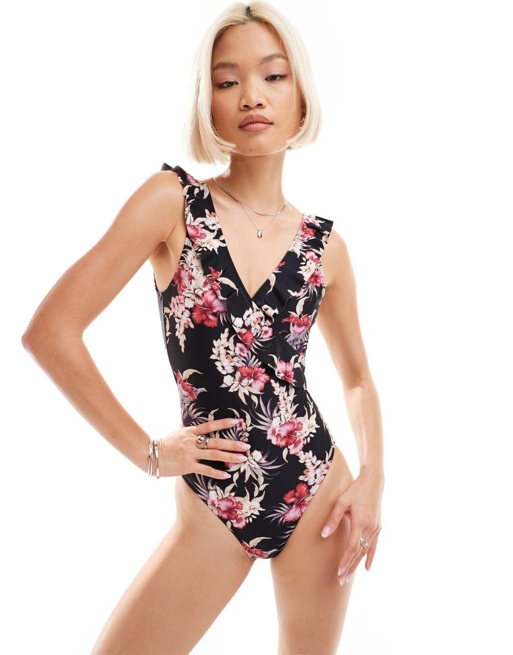 Oasis swimsuit in black floral print Product Image