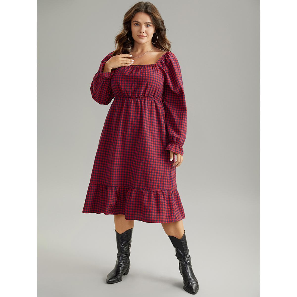 Plus Size Gingham Square Neck Shirred Gathered Ruffles Dress Scarlet Women Casual Gathered Square Neck Long Sleeve Curvy Midi Dress BloomChic 22-24/3X Product Image