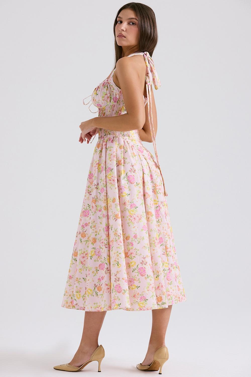 Adabella Pink Meadow Print Cotton Halter Midi Sundress Product Image