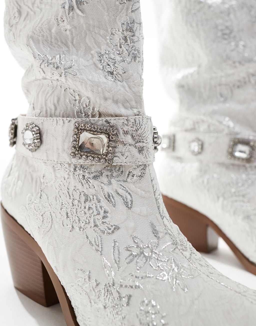 Azalea Wang Bridal Bavani embroidered western knee boots in white Product Image