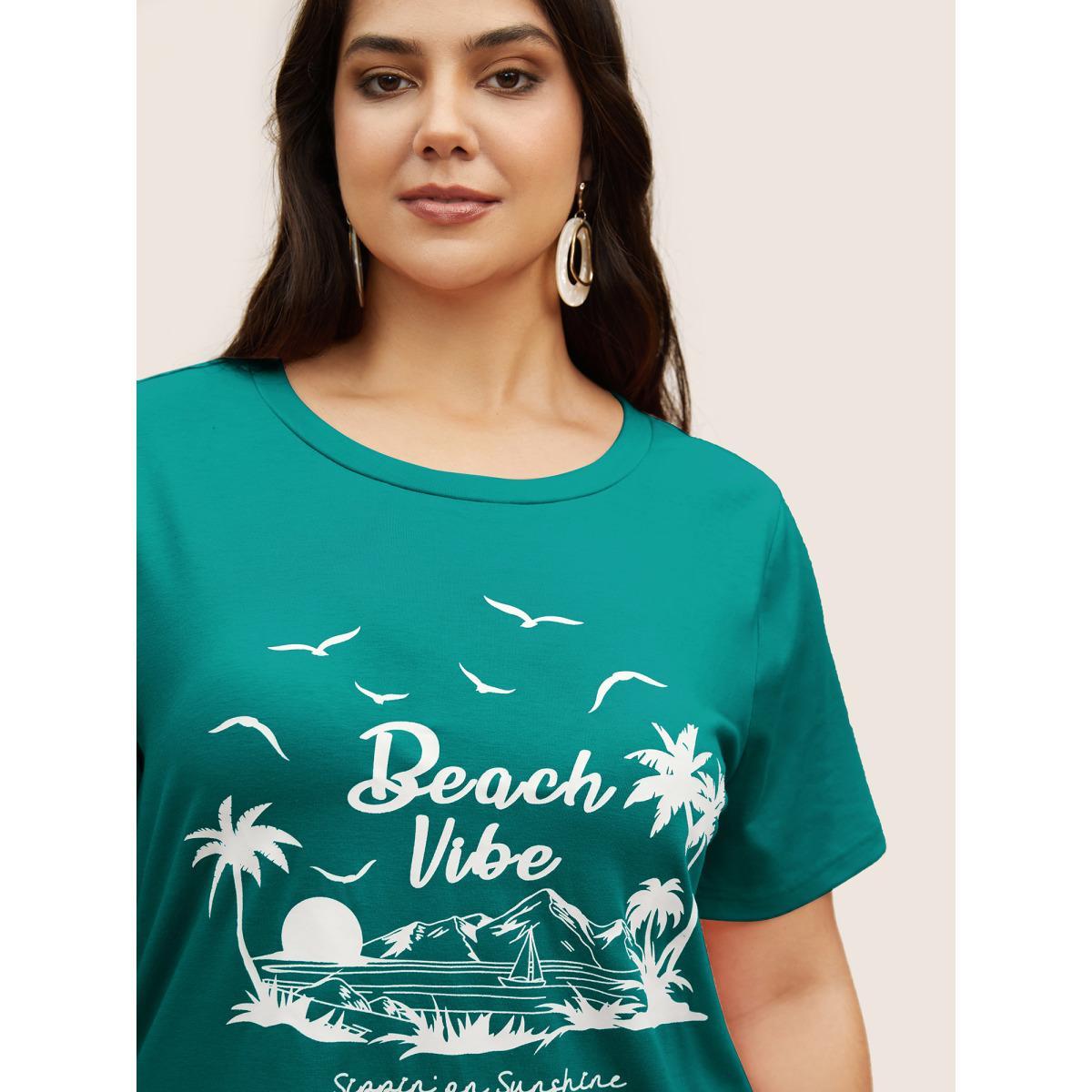 Plus Size Tropical Coconut Tree Print Round Neck T-shirt Teal Women Resort Contrast Art&design Round Neck Vacation T-shirts BloomChic 14-16/1X Product Image
