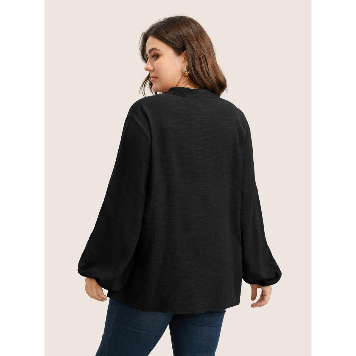 Plus Size Black Plain Lace Up Lantern Sleeve Blouse Women Casual Long Sleeve Shirt collar Everyday Blouses BloomChic 26/4X Product Image