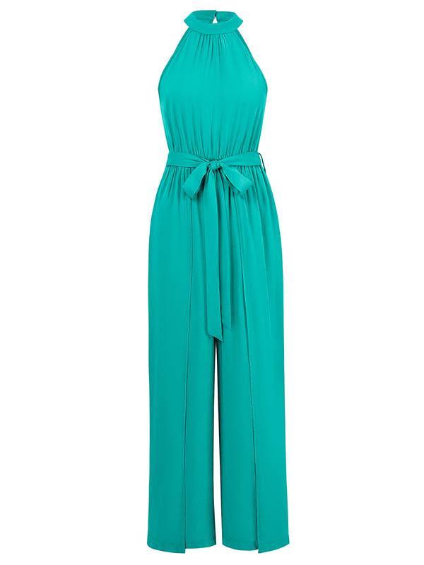 High Waisted Loose Pleated Solid Color Split-Front Tied Waist Halter-Neck Jumpsuits Product Image