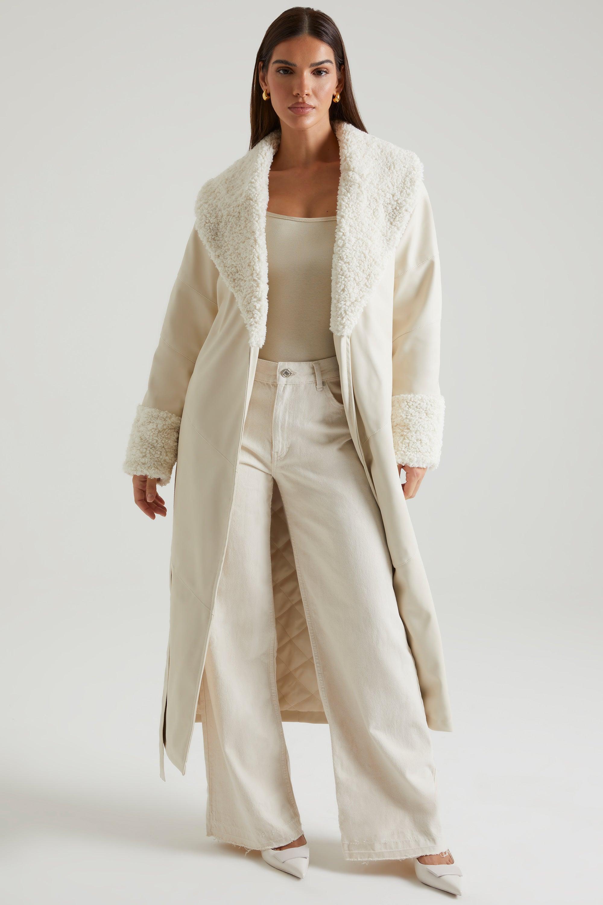 Tie Up Coat with Shearling Collar and Cuffs in Cream Product Image