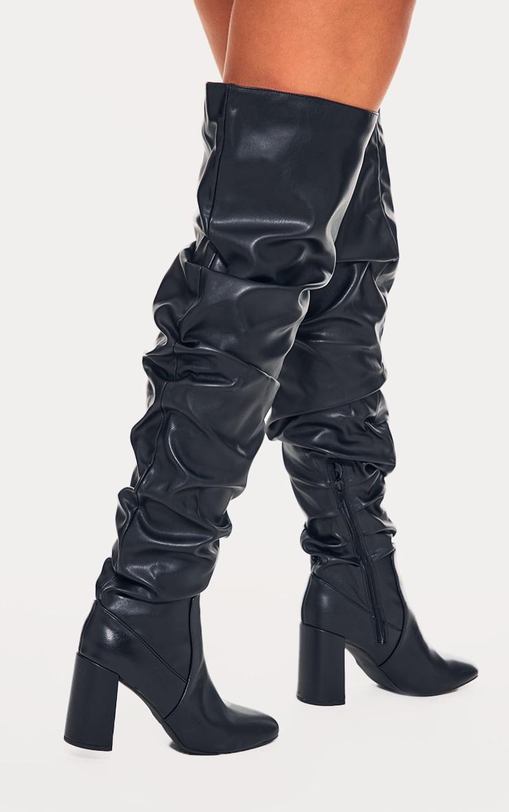 Black Pu Round Toe Ruched Over The Knee Block Heeled Boots Product Image