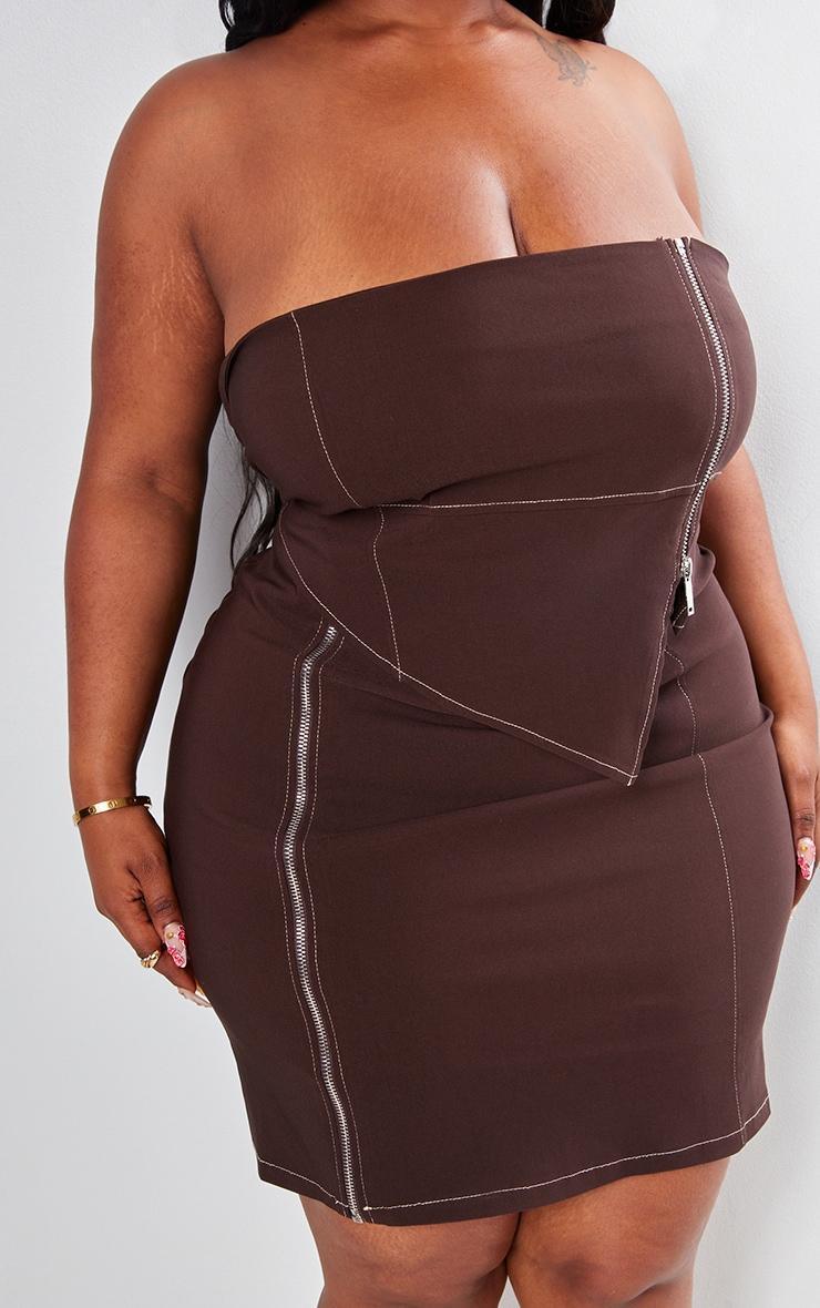 Plus Chocolate Asymmetric Seam Detail Zip Up Corset Bodycon Dress Product Image