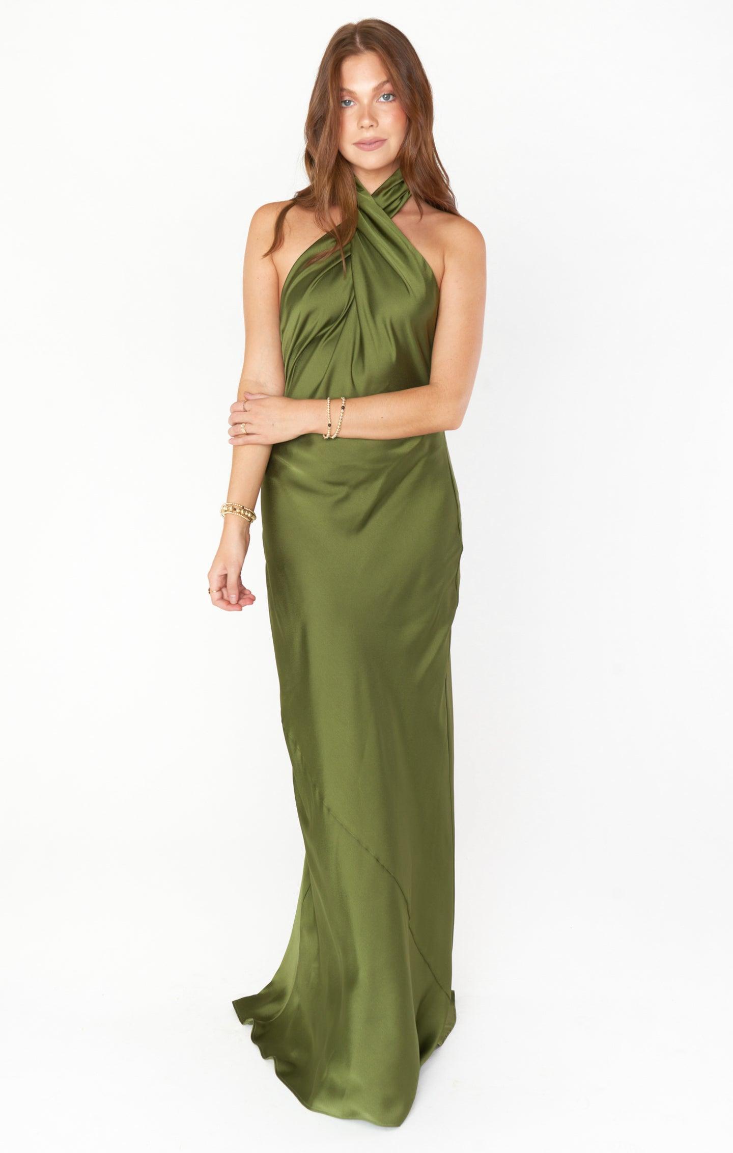 Jasmine Halter Maxi Dress ~ Rich Olive Luxe Satin Product Image