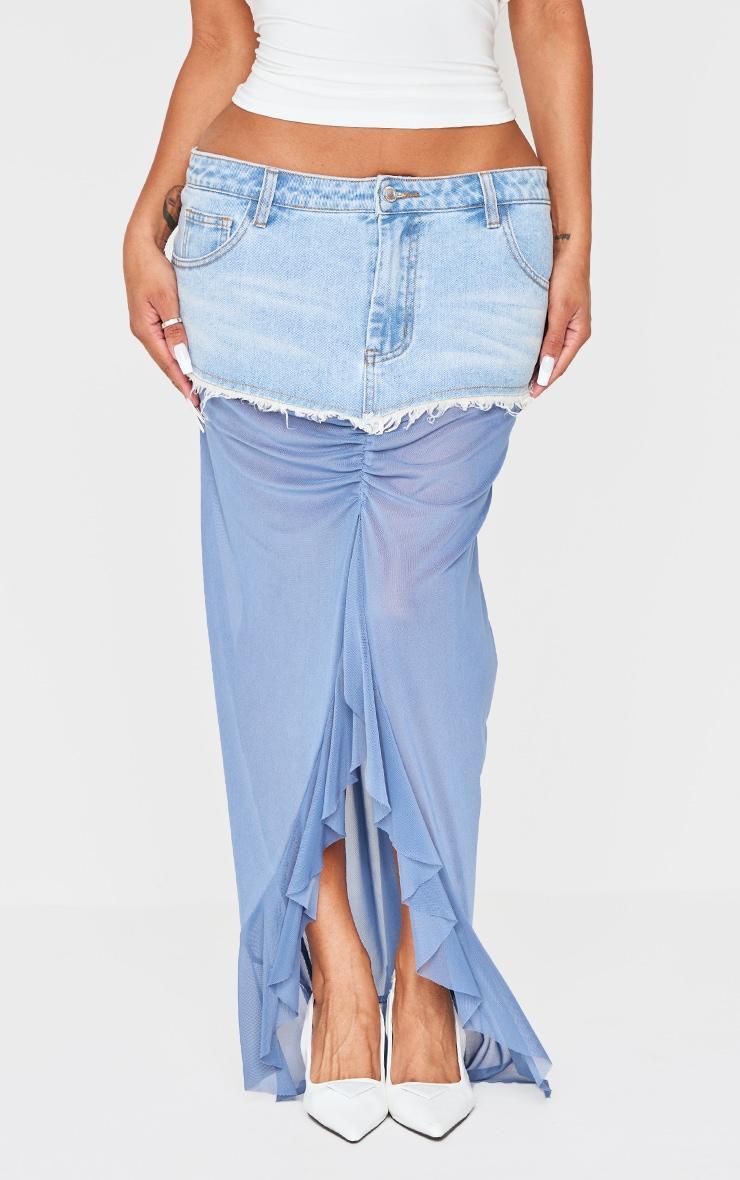 Shape Blue Mesh Detail Denim Maxi Skirt Product Image