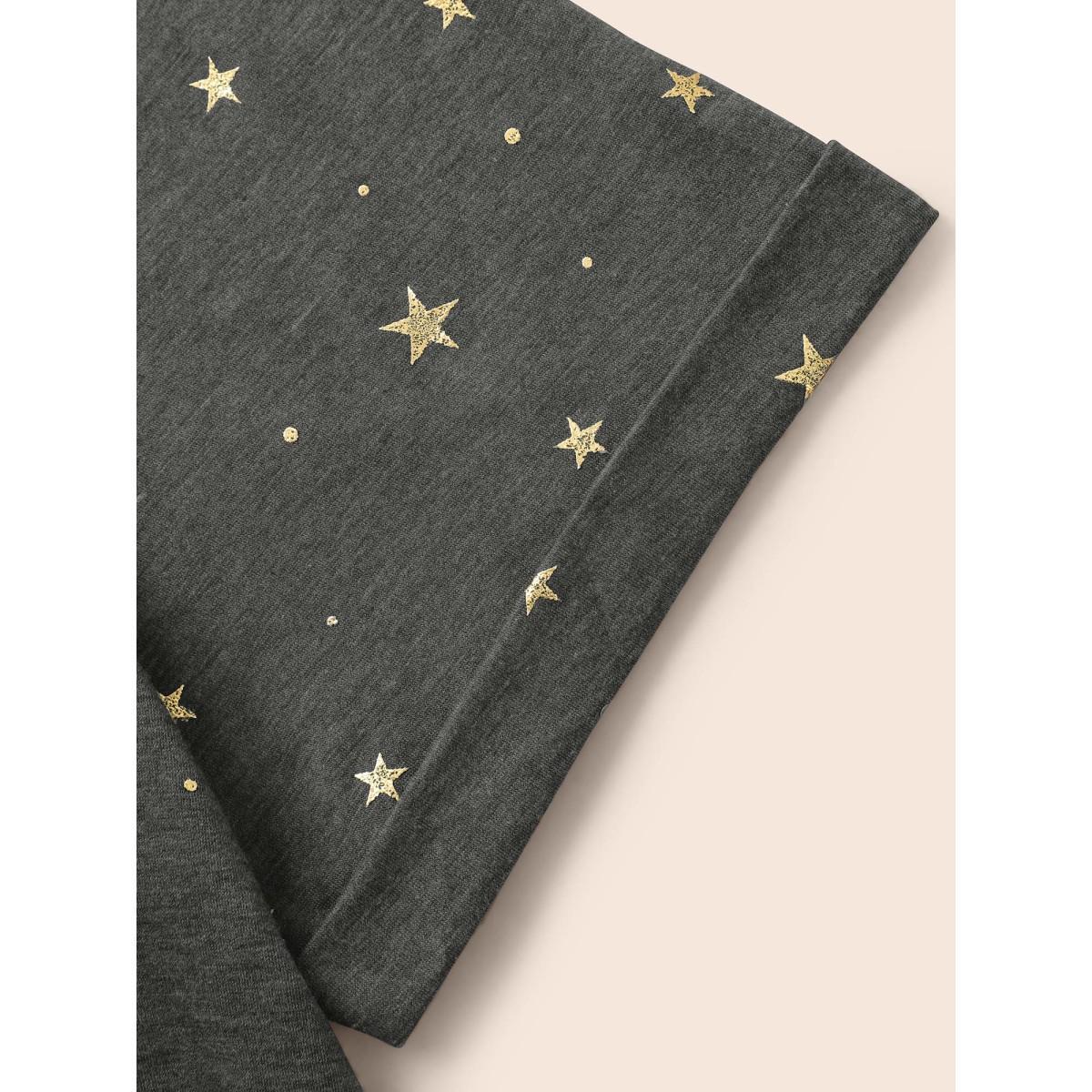 Plus Size Star Glitter Cuffed Sleeve Crew Neck T-shirt DimGray Women Casual Heather Moon and Star Round Neck Dailywear T-shirts BloomChic 14-16/1X Product Image