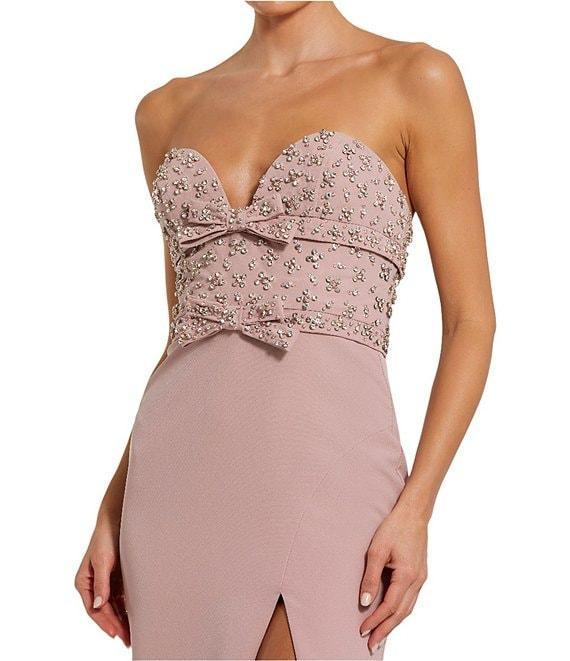 Mac Duggal Sweetheart Strapless Rhinestone Trim Bow Front Crepe Column Gown Product Image