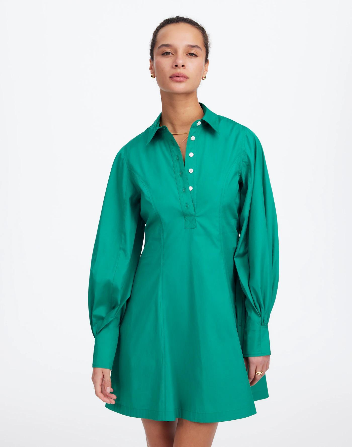 Seamed Long-Sleeve Mini Shirtdress in Poplin Product Image