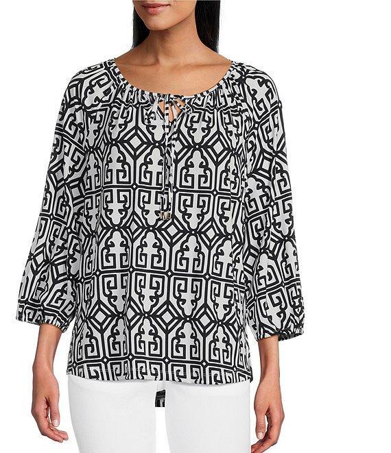 Multiples Knit Printed Split V-Neck 3/4 Raglan Sleeve Hi-Low Hem Peasant Top Product Image
