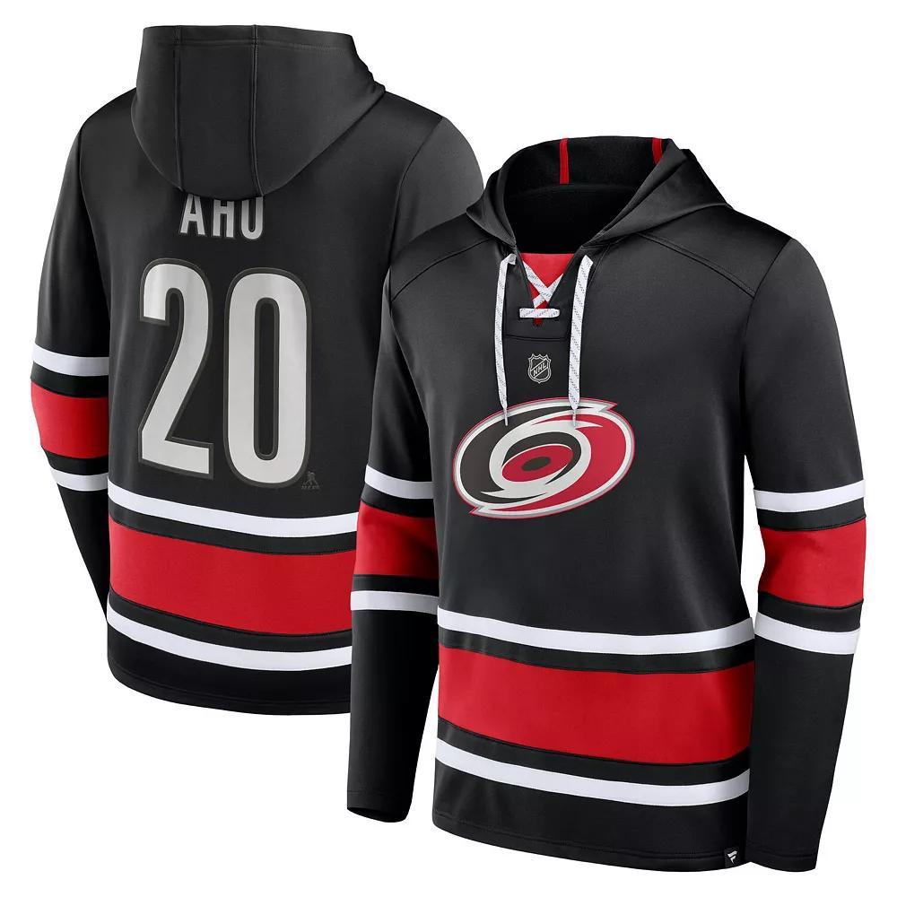 Men's Fanatics Branded Sebastian Aho Black Carolina Hurricanes Name & Number Lace-Up Pullover Hoodie,  Product Image