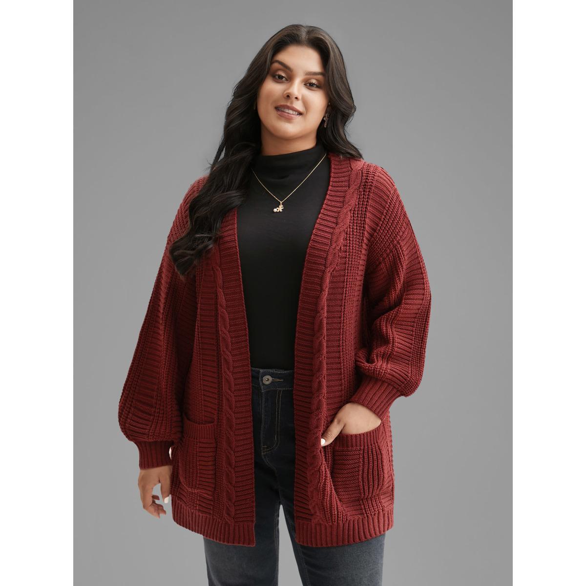 Plus Size Cable Knit Ribbed Detailing Open Front Cardigan Deepred Women Casual Loose Long Sleeve Everyday Cardigans BloomChic 30/6X Product Image